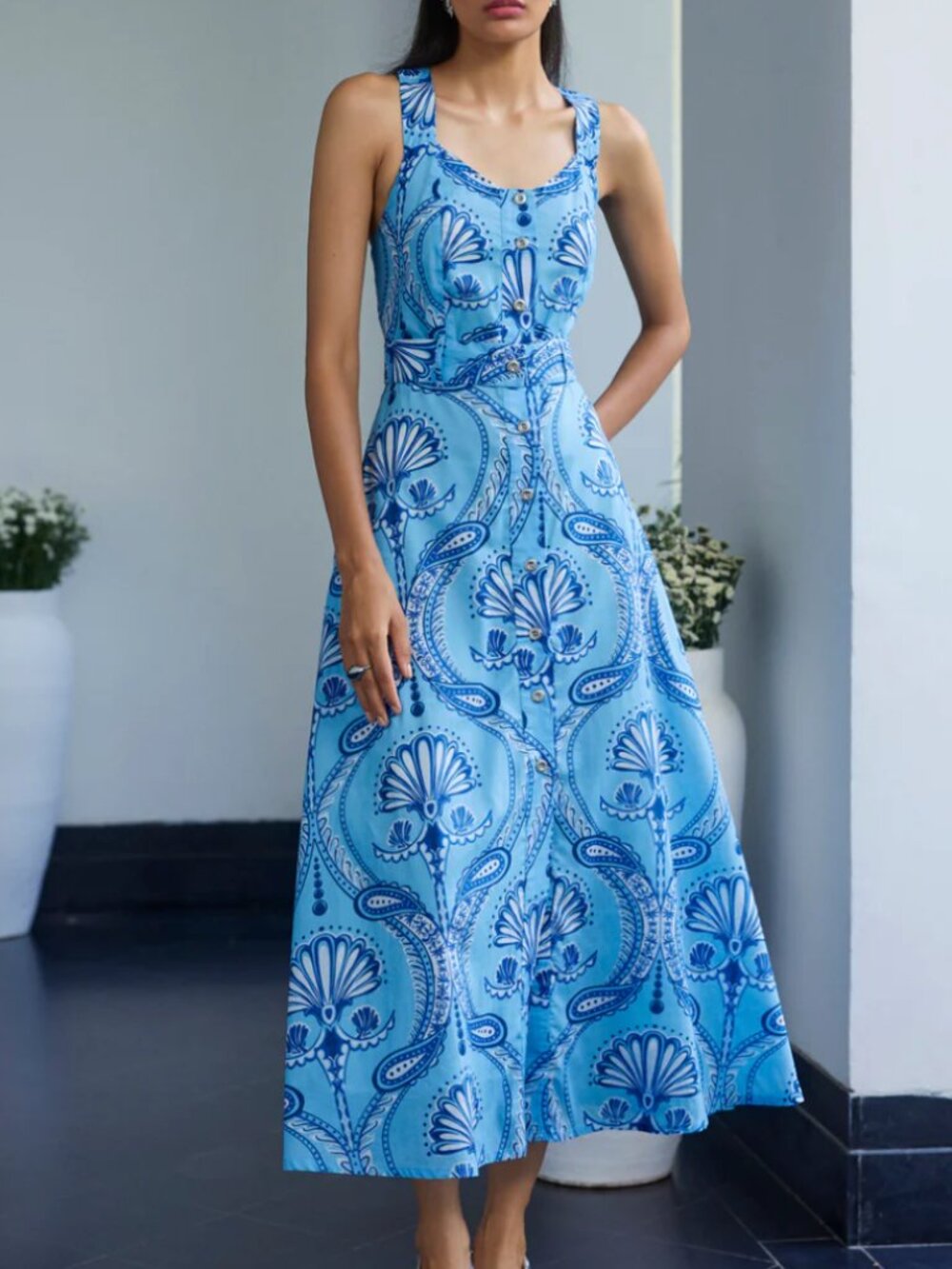 Beyond by Vera Club Soleil 896 Nico Dress XS Blue Paisley Linen Cotton Belted